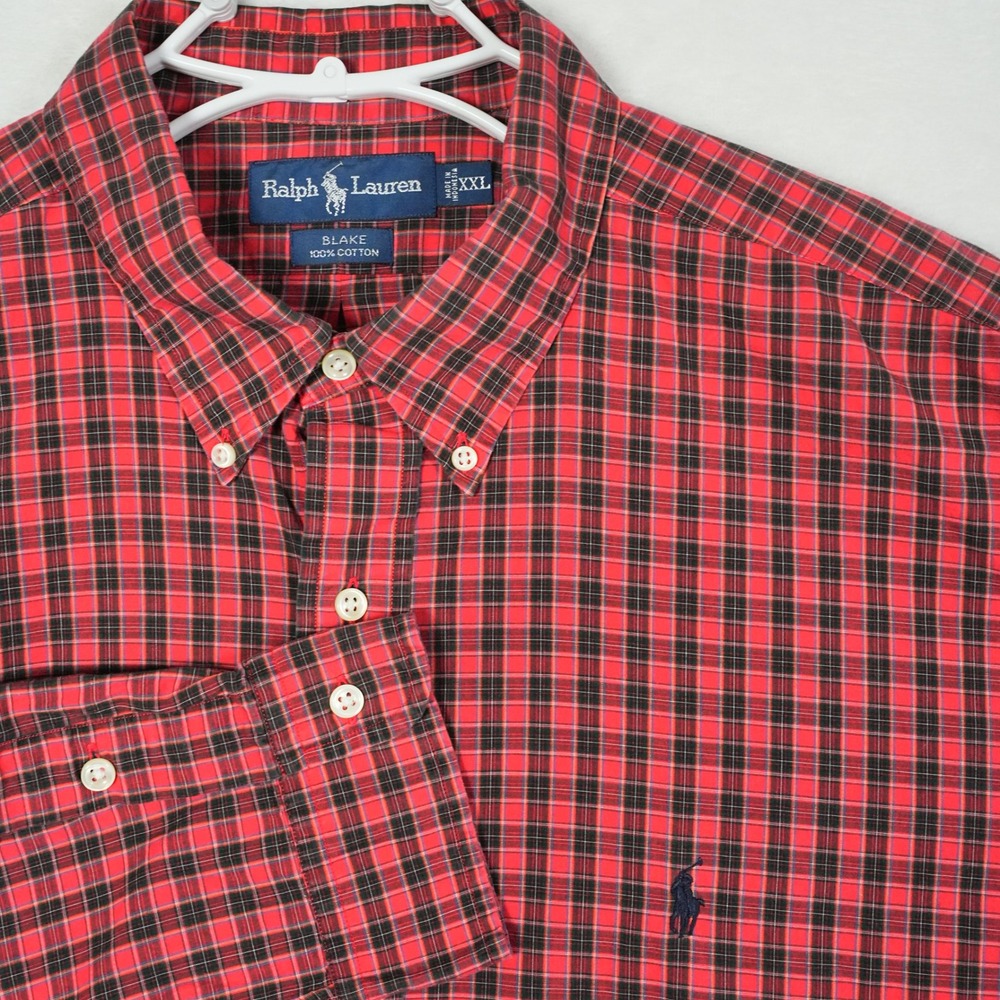 Ralph‎ Lauren Blake Mens XXL Red Black Plaid Tartan Button Down Shirt Black Pony